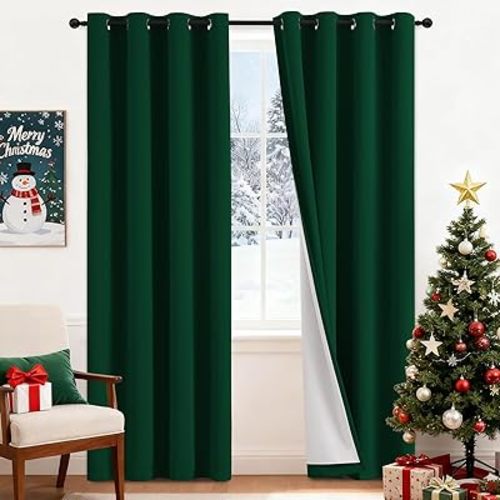 Yakamok 100% Blackout Curtains Dark Green Room Darkening Thermal Insulated with 2 Thick Layers-Hunter Green Window Drapes Set of 2 Panels for Bedroom Living Room 52 Inches by 84 Inches Length