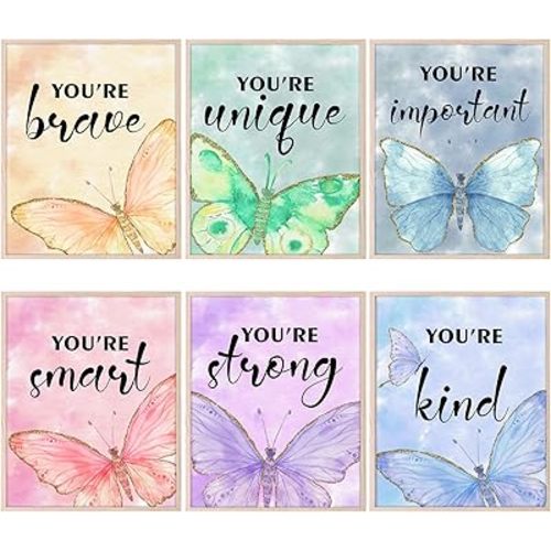 HOMANGA Wall Art Posters, Butterfly Wall Decor for Girls Room, 8X10 Inch, Unframed, Set of 6