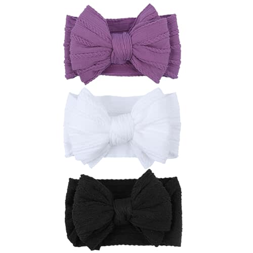 LemonSpace Handmade Baby Girls Headbands Soft Stretchy Nylon Hair Bands Hair Accessories with Bows for Newborn Baby Girls Infant Toddlers Kids(White Black Purple)