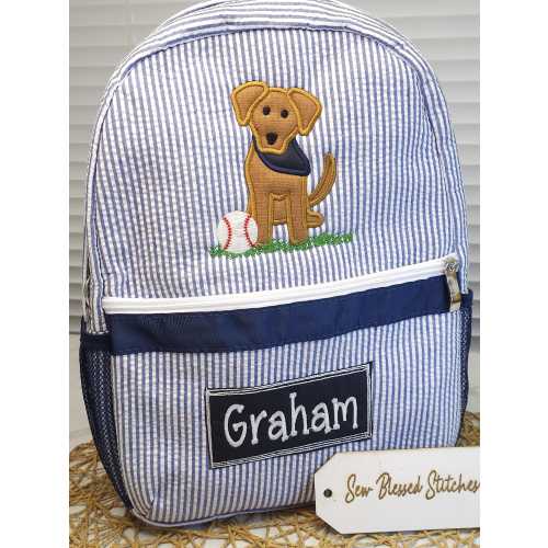 Personalized Boy Seersucker Backpack: Baseball Dog Applique, Diaper Bag