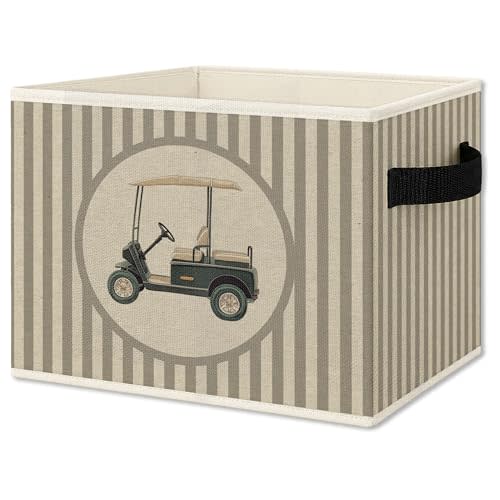 Vintage Golf Nursery Storage Bins Box with Handles, Golfing Sports Decor for Boys, Striped Golf Cart Aesthetic Collapsible Organizer Basket for Nursery Room Bedroom Playroom Toys Books