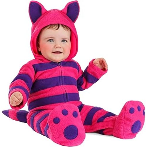 Infant Cheshire Cat Costume | Striped Fleece Jumpsuit with Hood, Tail, and Footies for Halloween and Storybook Playtime
