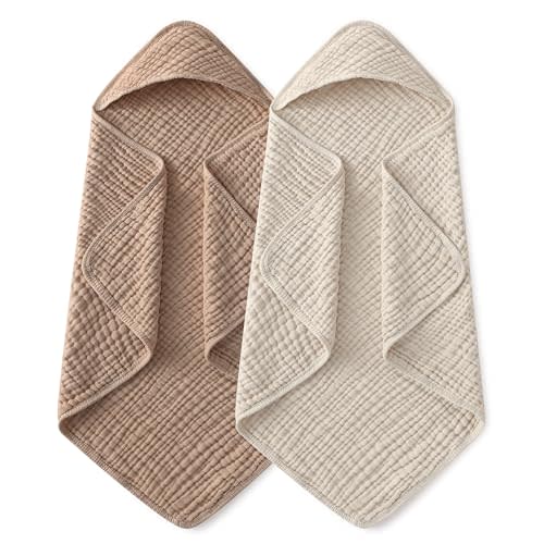 Yoofoss Hooded Baby Towels for Newborn 2 Pack 100% Muslin Organic Cotton Baby Bath Towel with Hood for Babies, Infant, Toddler and Kids, 37.5"x37.5", Soft and Absorbent Newborn Essential, Beige&Coffee