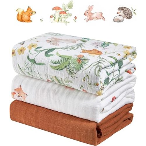 100% Cotton Muslin Swaddle Blankets, 3-Pack 47x47 Inches – Soft Baby Receiving Blankets for Newborns, Breathable Natural Cotton for Sensitive Skin (Playful Forest Animals)