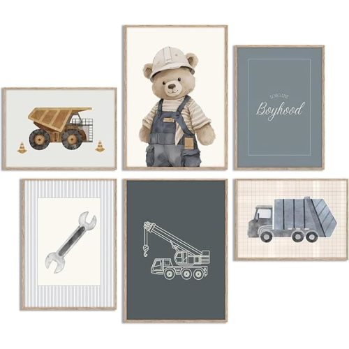 *16L"x12W"* 6Pcs Vintage Construction Truck Nursery Canvas Wall Art Funny Teddy Bear Posters Print Artwork Boys Room Painting Pictures Wall Decor for Bedroom Playroom Home Decoration 12x16in Unframed