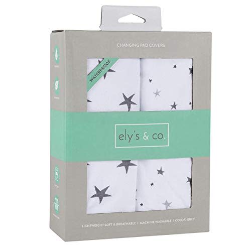 Ely’s & Co. Patent Pending Waterproof Changing Pad Cover|Cradle Sheet 2-Pack Set for Baby Boy - 100% Cotton, Jersey Knit Cotton Sheets with Waterproof Lining — Grey Stars