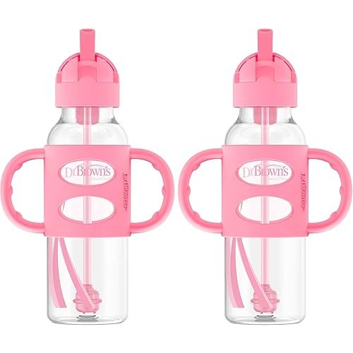 Dr. Brown's Milestones Narrow Sippy Straw Bottle, Spill-Proof with 100% Silicone Handles and Weighted Straw, 8 oz/250 mL, Pink, 6m+ (Pack of 2)