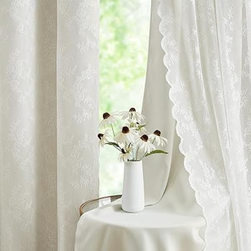 Mix and Match Curtains - Full Blackout Beige Curtain with Vintage Floral White Lace Curtains for Bedroom 84 Inch Length Living Room Solid Thermal Insulated 4 Piece Curtain Set, Grommet Top, 52" W