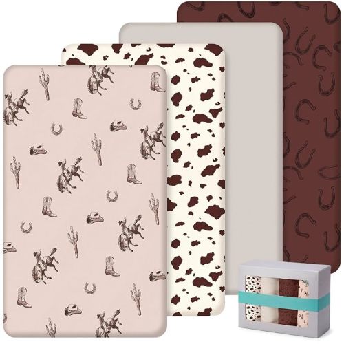 SmoothNovelty 4 Pack Western Cowboy Crib Fitted Sheet for Boys Girls - 52" x 28" Fitted Baby Sheet with Horse for Standard Mattress Gift Set, Microfiber & Soft Breathable(Brown)