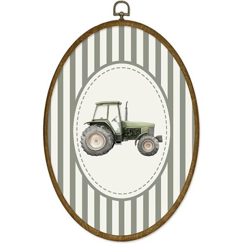 ODFGBDS Vintage Tractor Farm Nursery Oval Wall Art Decor, Kids Room Canvas Wall Art Framed, Neutral Green Striped Oval Hanging Decorations for Kids Boys Room Bedroom Playroom Home Decor, 8.6x11.4 Inch