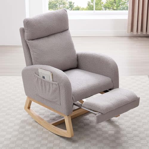 40" Teddy Nursing Rocking Chair, Nursery Chairs with Adjustable Foot Rest, High Backrest Upholstered Arm Chair with Side Pockets, Wood Rocking Chair for Living Room, Bedroom, Baby Room (Light Gray)