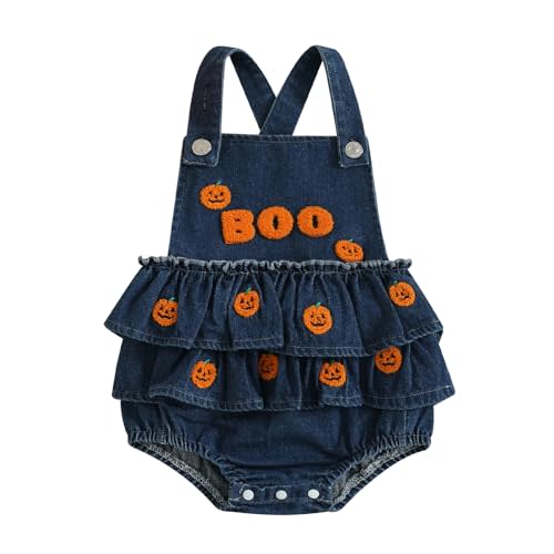 Newborn Baby Girl Halloween Outfit Pumpkin/Ghost Print Denim Dress Romper Sleeveless Ruffle Jean Overalls