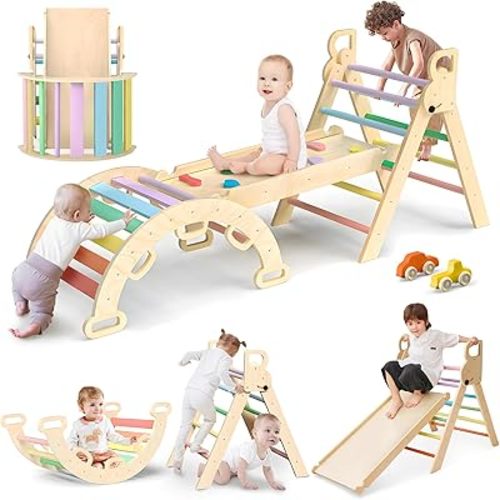 Kids Triangle Climbing Toys Set 7 in 1 Foldable Toddler Wooden Climbing Toys with Arch Ramp Ladder Baby Climber Indoor Jungle Gyms for Toddlers - Rainbow