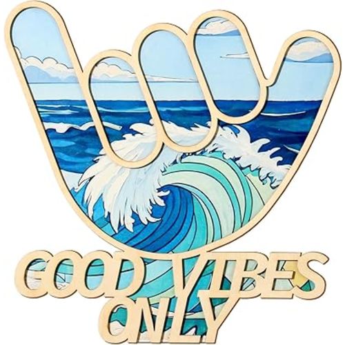 Bnesi Wooden Hawaiian Decor Surfer Hand Sign Surfer Decor Cool Surf Board Wall Decor Beach Room Decor for Nursery Room Bedroom Bathroom Living Room Gifts for Surfers (Cartoon)