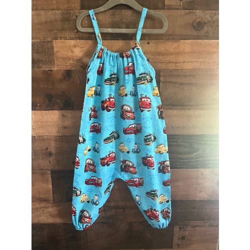Happy Cars Boho Romper made with licensed Disney fabric.