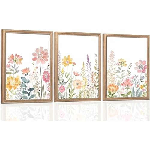 Colorful Flower Frame Wall Art Set Watercolor Flower Wall Art Multicolor Botanical Art Prints Wildflower Painting Printing Suitable for living room, bedroom, bathroom, 12x16 inch 3 piece set