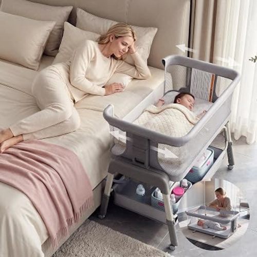 Baby Bedside Bassinet Crib, 4-in-1 Portable Travel Sleeper for Infant-Gray