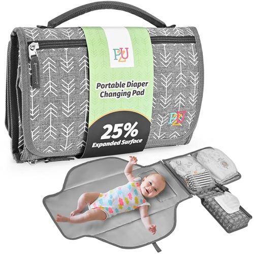 PZU Portable Diaper Changing Pad - Changing Pad Portable with Wipes Pocket, Waterproof Diaper Changing Mat, Portable Changing Pad for Baby, Newborn Gift（Grey）