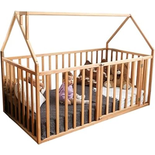 BUSY WOOD Montessori Bed for Toddlers - Floor Bed Frame Full - Floor Toddler Bed with Rails - Montessori Bed Queen- Floor Toddler Bed with Rails - Montessori Floor Bed Frame (Model 21)