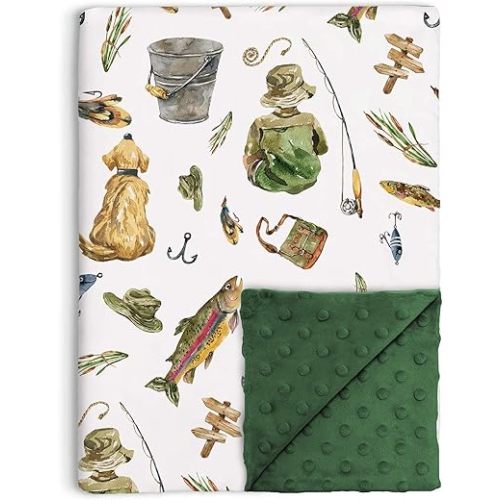 Fishing Baby Blanket for Boys, Gone Fishing Toddler Soft Minky Blanket with Double Layer Dotted Backing, Toddler Nursery Newborn Baby Crib Receiving Blanket, 30"x40"