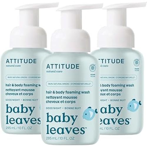 ATTITUDE 2-in-1 Hair and Body Foaming Baby Wash, EWG Verified Shampoo Soap, Dermatologically Tested, Made with Naturally Derived Ingredients, Vegan, Good Night, 10 Fl Oz (Pack of 3)
