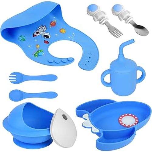 8 PCS Silicone Baby Feeding Set, Astronaut Theme, Spoons, Fork, Silicone Bibs, Baby Sippy Cups, Plate Bowl Set Baby Eating Essentials Led Weaning Toddler (Blue)
