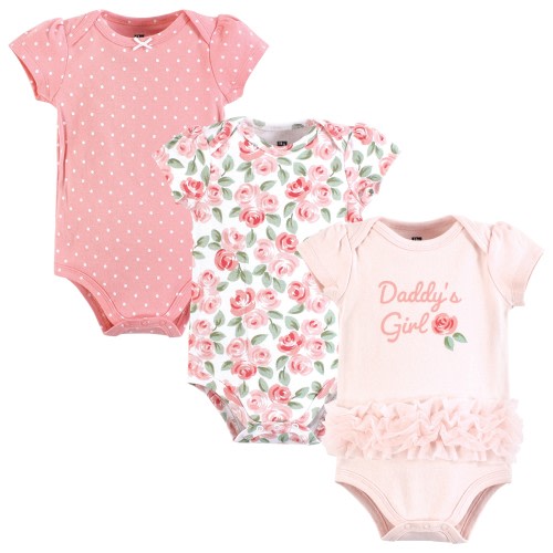 Hudson Baby Infant Girl Cotton Bodysuits, Coral Floral Daddys Girl