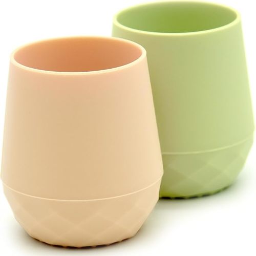 Silicone Training Cups for Babies 4 Months+ | 2 pack Tiny Transition Cup for Baby Boy Gift, Baby Water Cup for 6-12 Months, Toddler Open Cups 2oz, Baby Essentials for BLW (Pastel Earth)