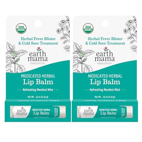 Earth Mama Medicated Herbal Lip Balm | Organic Lip Balm with Menthol for Fever Blister & Cold Sore | Refreshing Menthol Mint Lip Care, 0.15 oz (2-Pk)