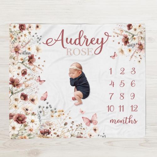 Wildflower Milestone Blanket -Baby Girl Month Blanket-Personalized Baby Girl Shower Gift -Neutral tones -ButterflyNursery Newborn Gift M363
