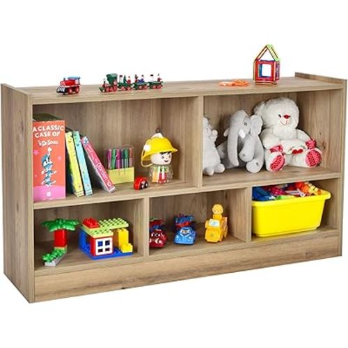 HONEY JOY Kids Toy Storage Organizer, 5-Section Storage Daycare Shelf for Preschool, Children 2-Tier Open Wooden Display Book Shelf Organizer for Classroom, Playroom & Nursery, Kindergarten(Natural)