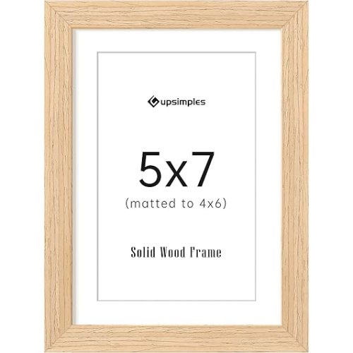upsimples 5x7 Picture Frame, Natural Solid Wooden Picture Frames, Display 4x6 with Mat or 5 x 7 Without Mat, Wall or Tabletop, 1 Pack, Natural