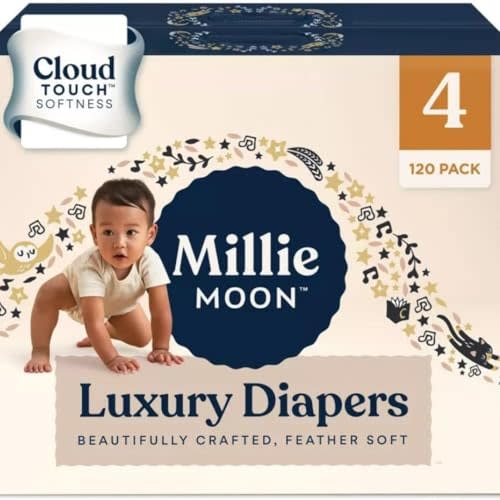 Millie Moon Luxury Diapers for Sensitive Skin – Hypoallergenic, Ultra Soft Plant-Based Disposable Baby, 12-Hr Leak Protection & Wetness Indicator, 4 120 Count