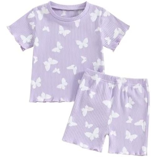 Kupretty Toddler Baby Girl Summer Clothes Ruffle Ribbed Knit Short Sleeves T-Shirt Tops + Shorts Cute Outfits Set