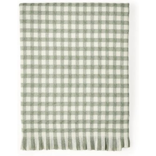 CREVENT Farmhouse Boho Knitted Throw Blanket for Couch Sofa Chair Bed Home Decoration, Soft Warm Cozy Light Weight for Spring Summer Fall (50''X60'' Plaid Green)