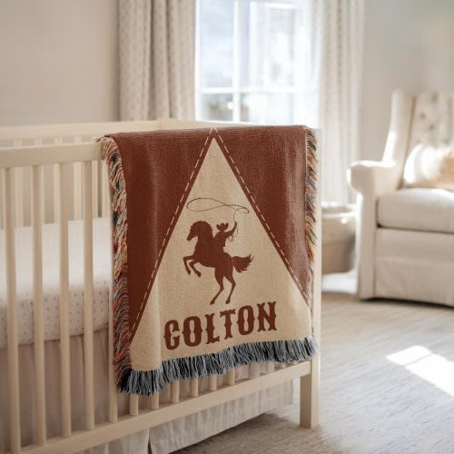 Personalized Cowboy Woven Baby Blanket, Western Cowboy Boys Blanket, Heirloom Blanket, Newborn Name Blanket, Baby Name Woven Throw Blanket