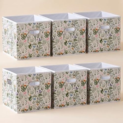 6pcs Wild Floral Fabric Storage Cubes Organizer with Handles, Sturdy Storage Bins for Organization, 10.5" x 10.5" x 11"