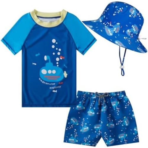 Toddlers Baby Boys' 3-Piece Rashguard Set Kids Bathing Suit Set with Hat UPF 50+