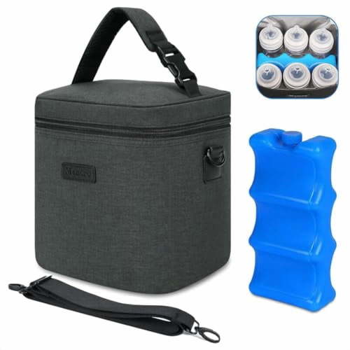 Breastmilk Cooler Bag with Ice Pack, Insulated Bottle Bag for 6 Baby Bottles (Up to 9 Ounce) with Shoulder Strap for Nursing Moms on The Go or Daycare, Dark Grey
