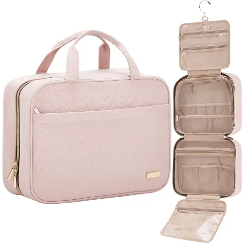 NISHEL Travel Toiletry Bag for women, Portable Hanging Organizer for Full-Sized Shampoo, Conditioner, Brushes Set, Makeup Accessories, Large Size, Pink