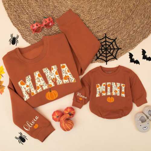 Personalized Mama and Mini Pumpkin Sweatshirt, Custom Wrist Name Fall Outfit, Fall Season Mom and Baby Sweater