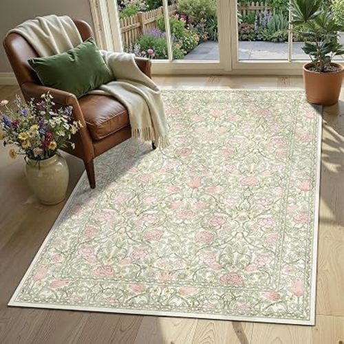 GarveeHome Pink Green Beige Floral 3x5 Area Rug for Nursery Bedroom