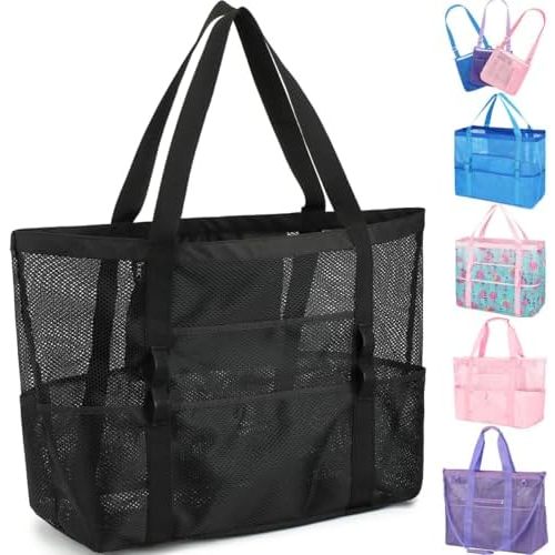 Mesh Beach Bag, Large Beach Tote with Zipper Pocket, Toys Pool Bag for Family Travel Vacation Cruise Essentials