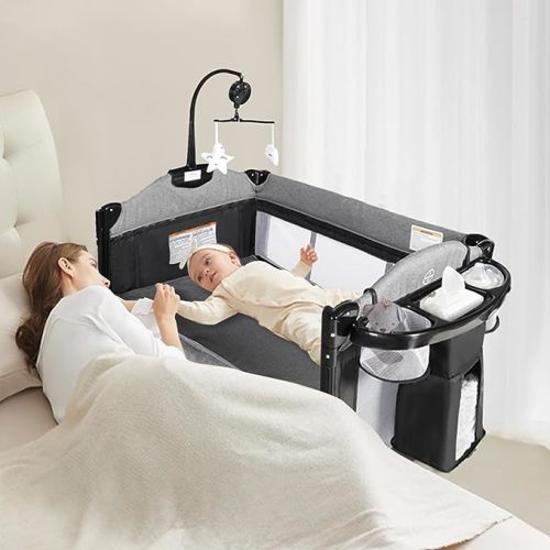 Kinder King 4 in 1 Portable Baby Playard, Foldable Baby Bedside Crib w/Bassinet, Infant Pack and Play Playard Toddler Large Playpen, Newborn Changing Table, Storage Basket, Grey
