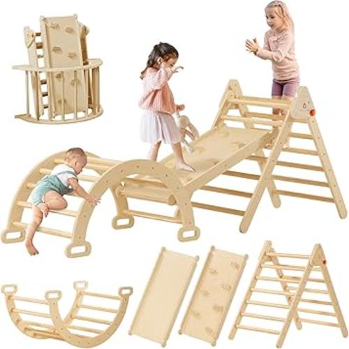 Tiny Land Pikler Triangle Set, 7-in-1 Foldable Pikler Triangle Climbing Toys Set for Kids,Baby Indoor Playground Jungle Gym, Wooden Montessori Climbing Set for Toddler (Natural)