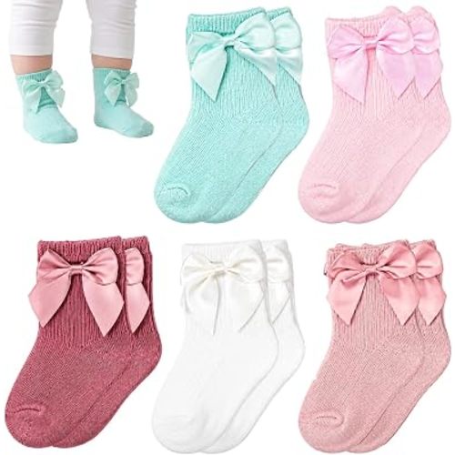 5 Pairs Newborn Socks Girl 0-6 Months, Soft Cotton Infant Socks with Bows for Daily Wear Under Footie Pajamas, Hospital Stays and Newborn Photography, Baby Shower Gifting