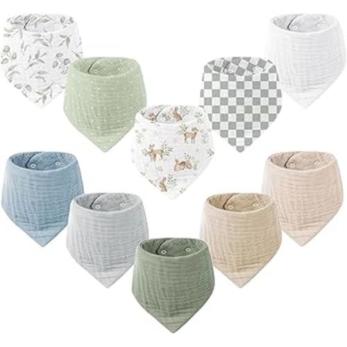 Konssy Muslin Baby Bibs 10 Pack Baby Bandana Drool Bibs 100% Cotton for Unisex Boys and Girls, Soft Absorbent Set for Teething and Drooling