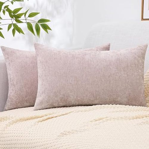 decorUhome Chenille Blush Pink Spring Valentine’s Day Throw Pillow Covers 12x20 Inch Set of 2, Decorative Soft Couch Pillow Covers Solid Dyed Accent Farmhouse Neutral Rectangle Pillow Cases for Sofa