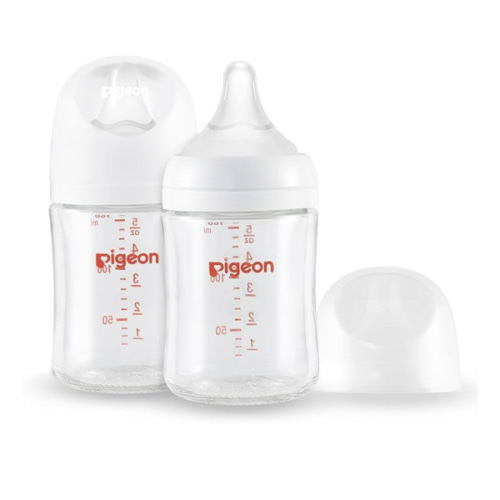 Pigeon Glass Nursing Bottle Wide Neck, Anti-Colic, Streamlined Body, Natural Feel, Easy to Clean, Heat-Resistant, 5.4 Oz(Pack of 2), Includes 2pcs SS Nipples (0m+)