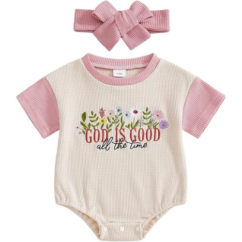 Baby Girl Christian Clothes God is Good Embroidery Bubble Romper Waffle Short Sleeve T-Shirt Bodysuit Summer Outfits
